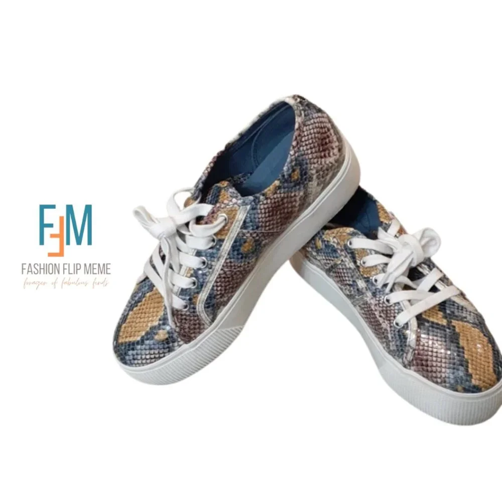 Tan & Gray Snakeskin Lace-Up Platform Sneakers 9.5M